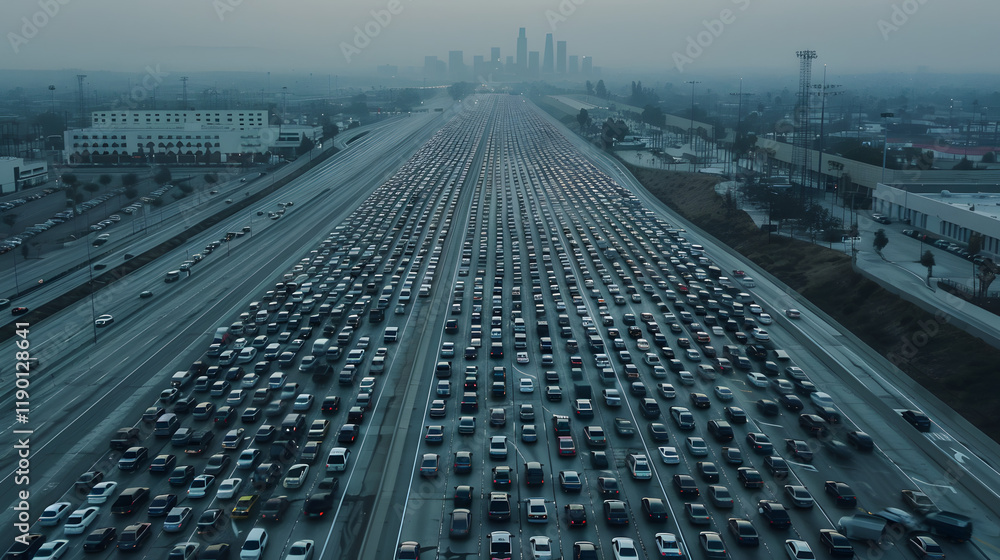 Aerial view of a crowded highway with rows of cars stuck in traffic
Aerial view of a crowded highway with rows of cars stuck in traffic