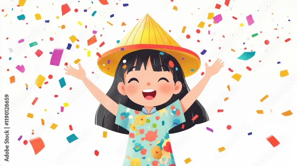 Fototapeta premium A playful cartoon girl wearing a Chinese-style hat and tossing colorful confetti, celebrating with excitement, on white
