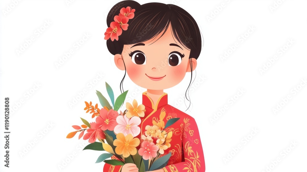 A sweet cartoon girl dressed in a traditional qipao, holding a bouquet of festive flowers, smiling warmly, on a clean white background A sweet cartoon girl dressed in a traditional qipao, holding a bouquet of festive flowers, smiling warmly, on a clean white background
