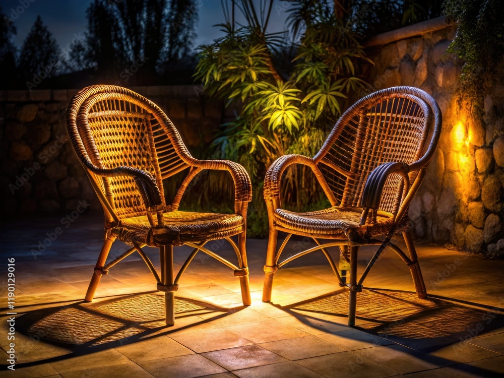 Illuminated rattan chairs glow against a dark backdrop, creating enchanting outdoor seating. Illuminated rattan chairs glow against a dark backdrop, creating enchanting outdoor seating.