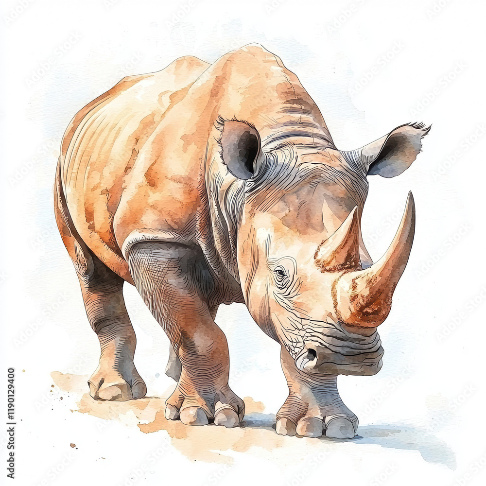 Fototapeta premium Rhino standing in snow covered landscape with a clear blue sky in the background and white snow on the ground