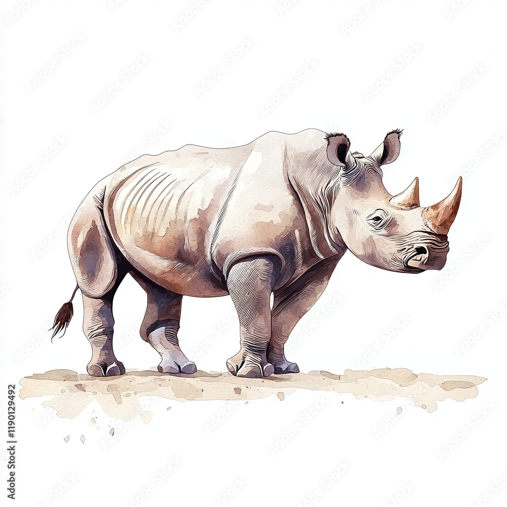 Fototapeta premium Rhino standing on a white background in a studio setting with clear visibility of its features and structure