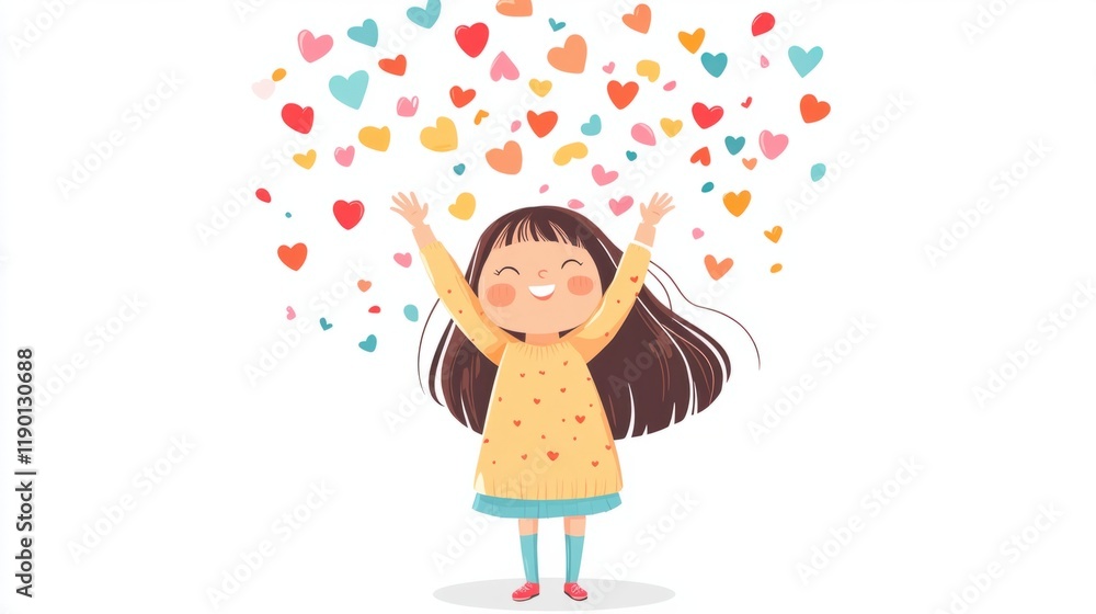 A cartoon girl tossing confetti hearts into the air, looking cheerful and festive, isolated on a white background A cartoon girl tossing confetti hearts into the air, looking cheerful and festive, isolated on a white background