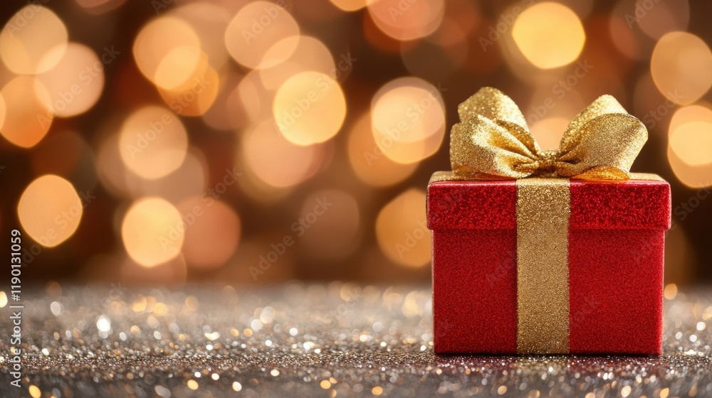 A vibrant red gift box with a shimmering golden bow sits on a sparkling surface, creating a joyful atmosphere for holiday festivities A vibrant red gift box with a shimmering golden bow sits on a sparkling surface, creating a joyful atmosphere for holiday festivities