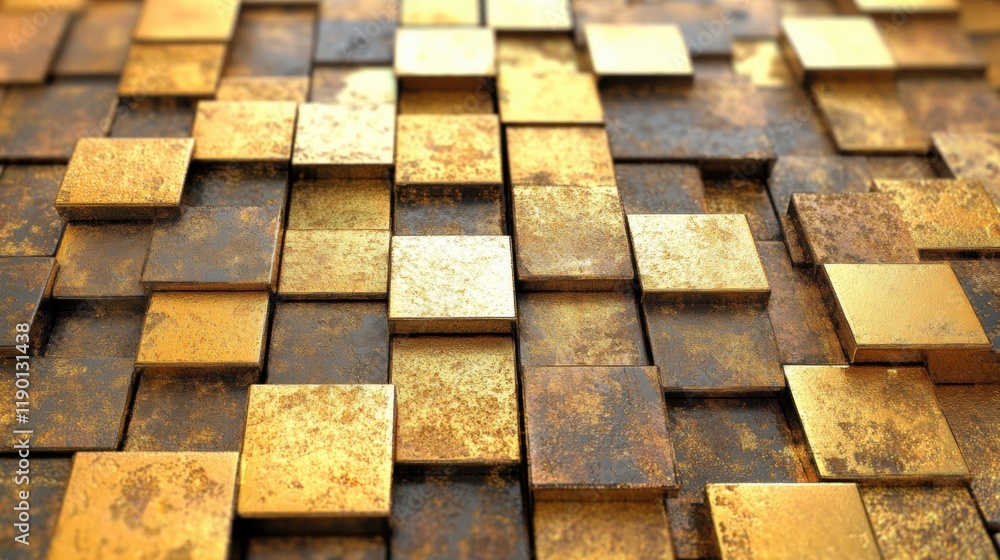 A collection of golden abstract squares with reflective surfaces exhibits a unique texture and pattern, showcasing multiple shades of gold A collection of golden abstract squares with reflective surfaces exhibits a unique texture and pattern, showcasing multiple shades of gold