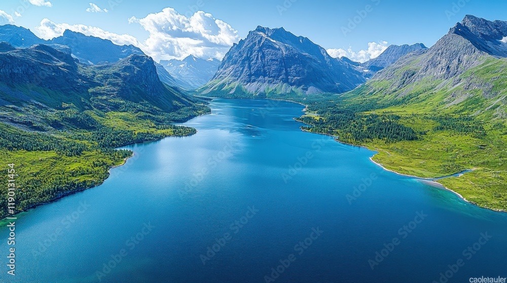 Fototapeta premium Aerial view of a pristine lake nestled between majestic mountains under a vibrant blue sky.