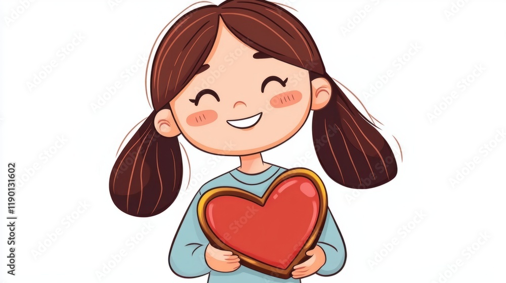 A cheerful cartoon girl holding a heart-shaped chocolate box and smiling brightly, isolated on a clean white background A cheerful cartoon girl holding a heart-shaped chocolate box and smiling brightly, isolated on a clean white background