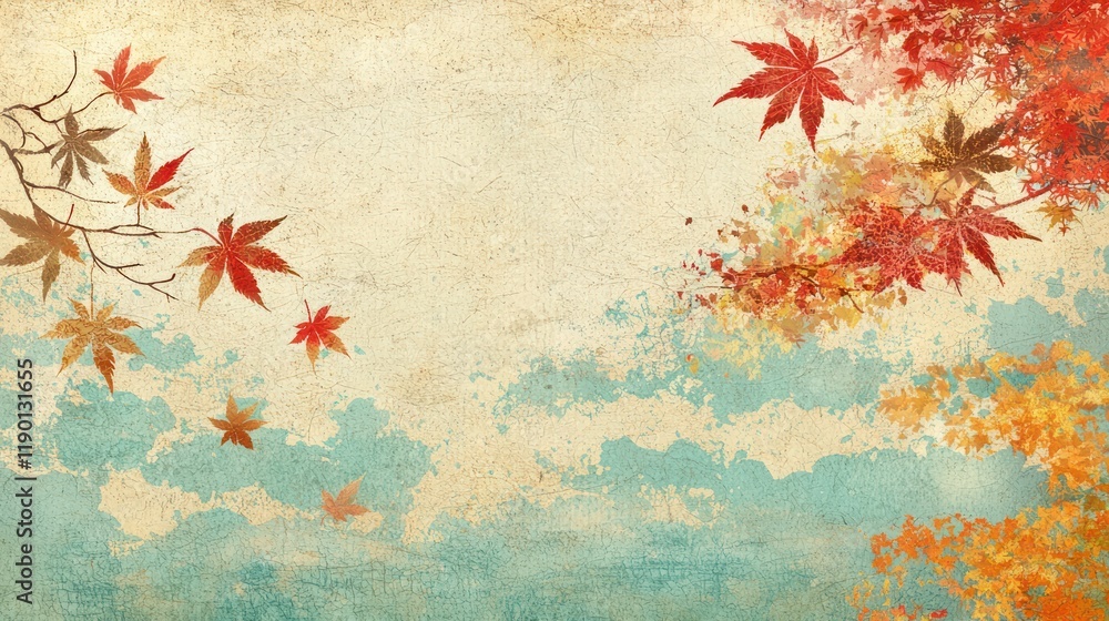 Traditional Japanese-style card featuring a gradient sky with clouds, red and gold autumn leaves, and hemp leaf motifs layered over a washi paper texture.