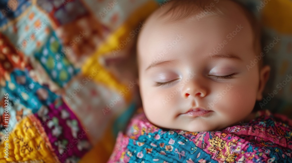 A serene newborn rests peacefully, wrapped in vibrant fabric, against a patchwork quilt, showcasing tranquility and warmth A serene newborn rests peacefully, wrapped in vibrant fabric, against a patchwork quilt, showcasing tranquility and warmth