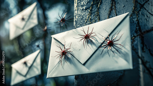 Graphic visual depiction of an infected email campaign showing a deceptive fake email containing a harmful malicious attachment being opened by an unsuspecting user