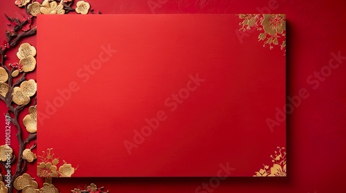 chinese gold ink  in red paper background Flat lay top view copy space photo