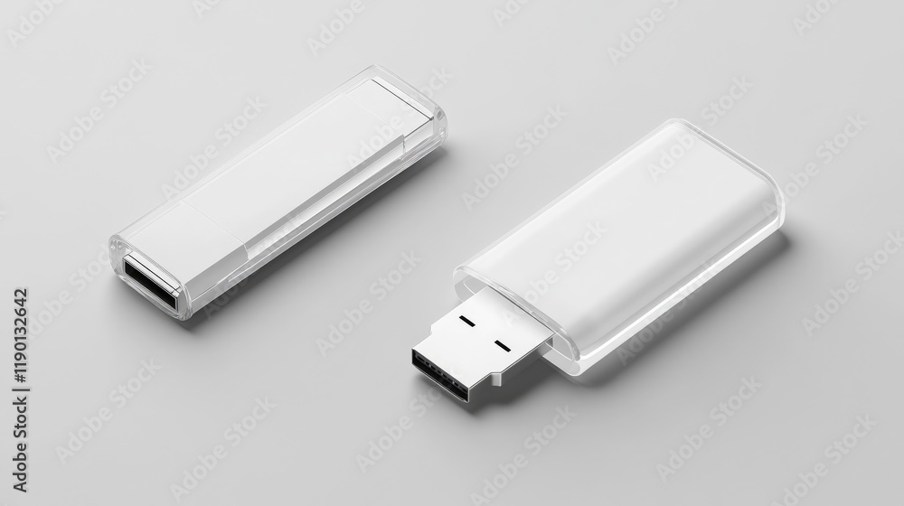 Two White USB Flash Drives on a White Background Mockup Two White USB Flash Drives on a White Background Mockup