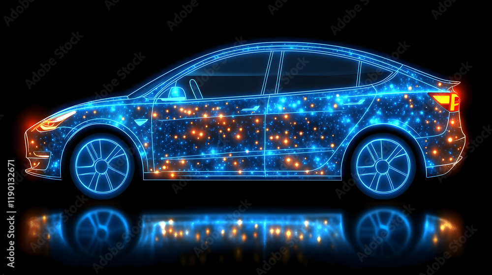 Electric car digital design, dark background, reflection, auto tech Electric car digital design, dark background, reflection, auto tech