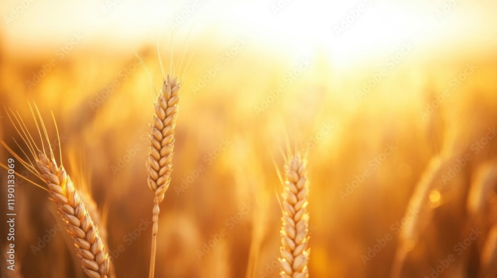 Wheat stalks bask in the warm glow of a sunset, highlighting the beauty of fertile fields and nature's bounty during harvest season Wheat stalks bask in the warm glow of a sunset, highlighting the beauty of fertile fields and nature's bounty during harvest season