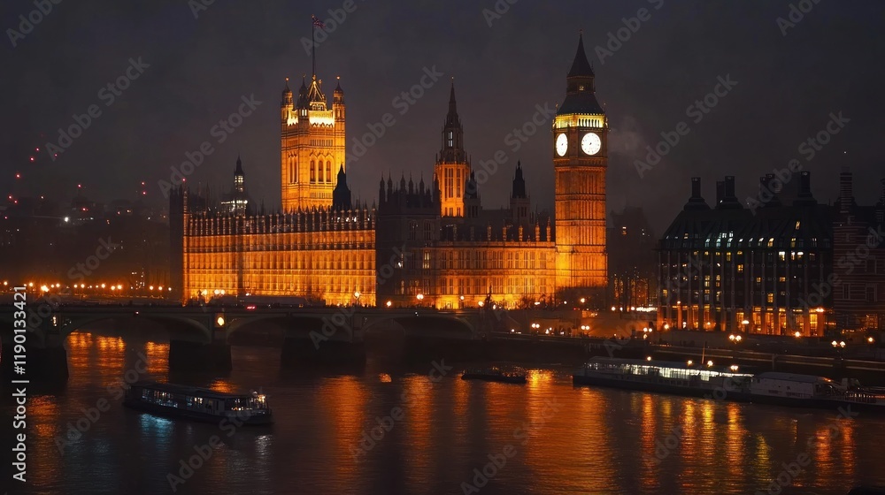 Night View of London's Iconic Houses of Parliament and Big Ben Illuminated over the Thames River Night View of London's Iconic Houses of Parliament and Big Ben Illuminated over the Thames River