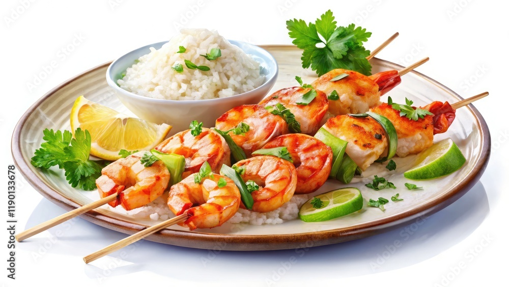 Savory grilled shrimp skewers, served with fluffy rice, a delightful culinary watercolor. Savory grilled shrimp skewers, served with fluffy rice, a delightful culinary watercolor.