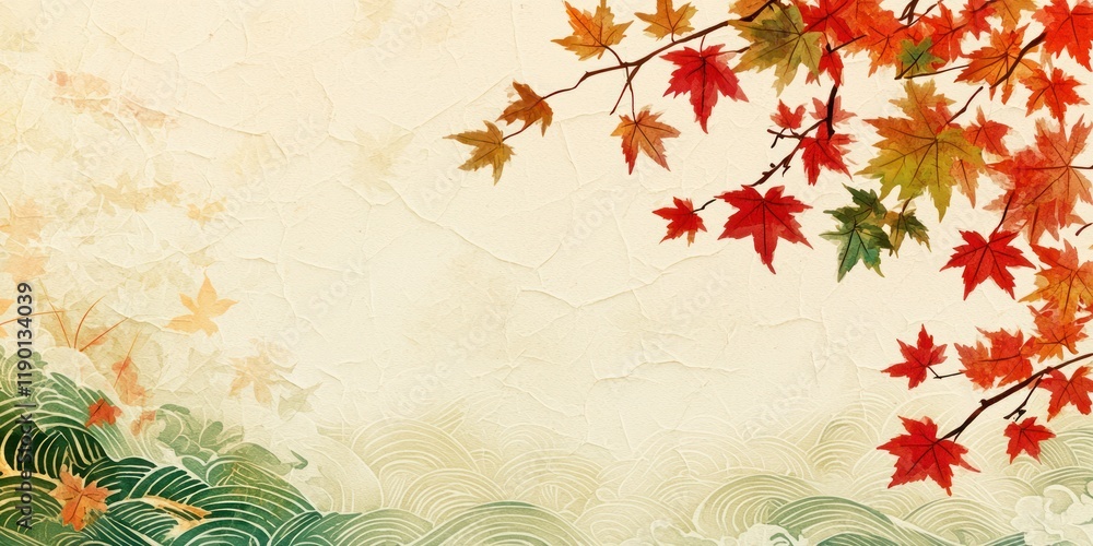 Japanese-style card showcasing cascading autumn leaves and a mix of hemp leaf and wave patterns on a soft washi paper texture. Japanese-style card showcasing cascading autumn leaves and a mix of hemp leaf and wave patterns on a soft washi paper texture.