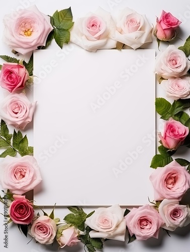 Vertical top view blank card red and pink rose love and wedding decoration Valentines day background