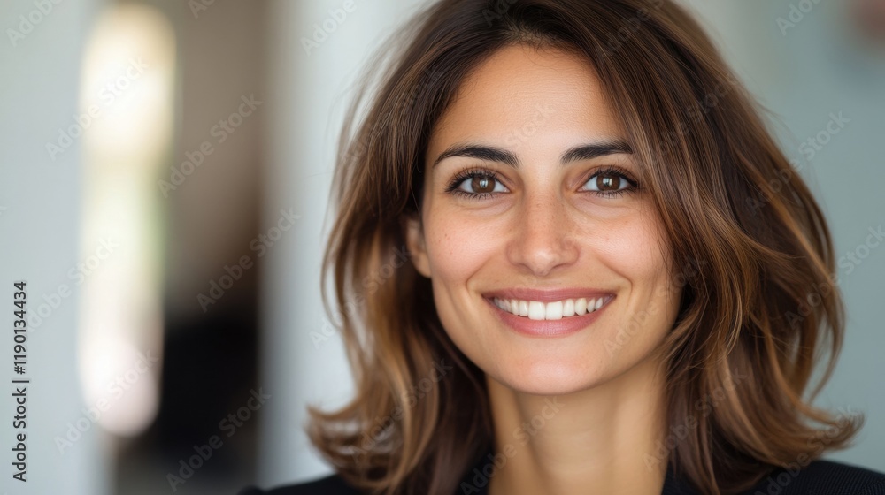 A confident businesswoman is smiling warmly while seated in a contemporary office filled with natural light, showcasing her professionalism A confident businesswoman is smiling warmly while seated in a contemporary office filled with natural light, showcasing her professionalism