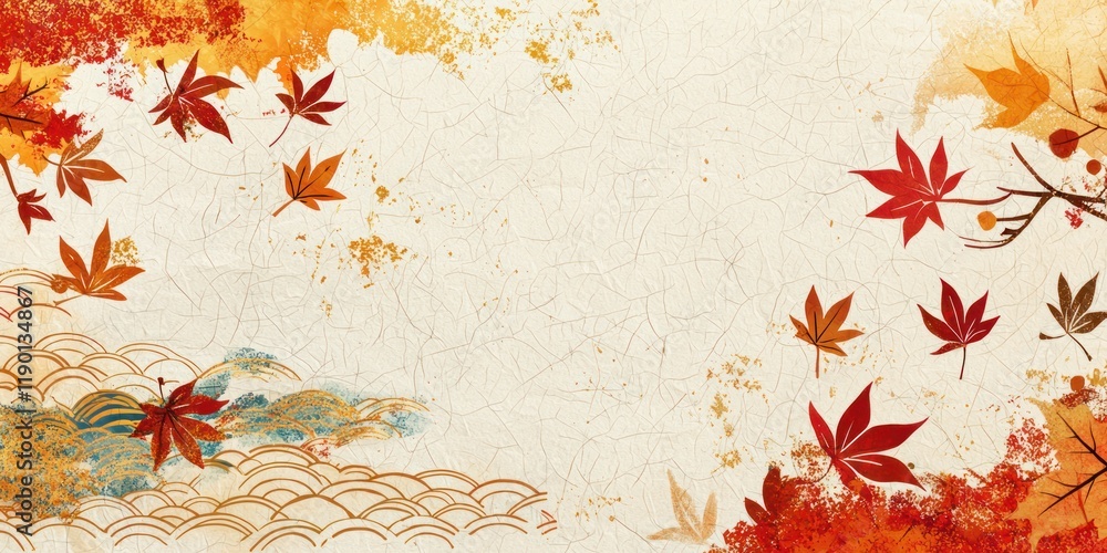 Year-end gift design featuring layers of autumn leaves, golden clouds, and traditional hemp leaf patterns on a textured Japanese paper backdrop. Year-end gift design featuring layers of autumn leaves, golden clouds, and traditional hemp leaf patterns on a textured Japanese paper backdrop.