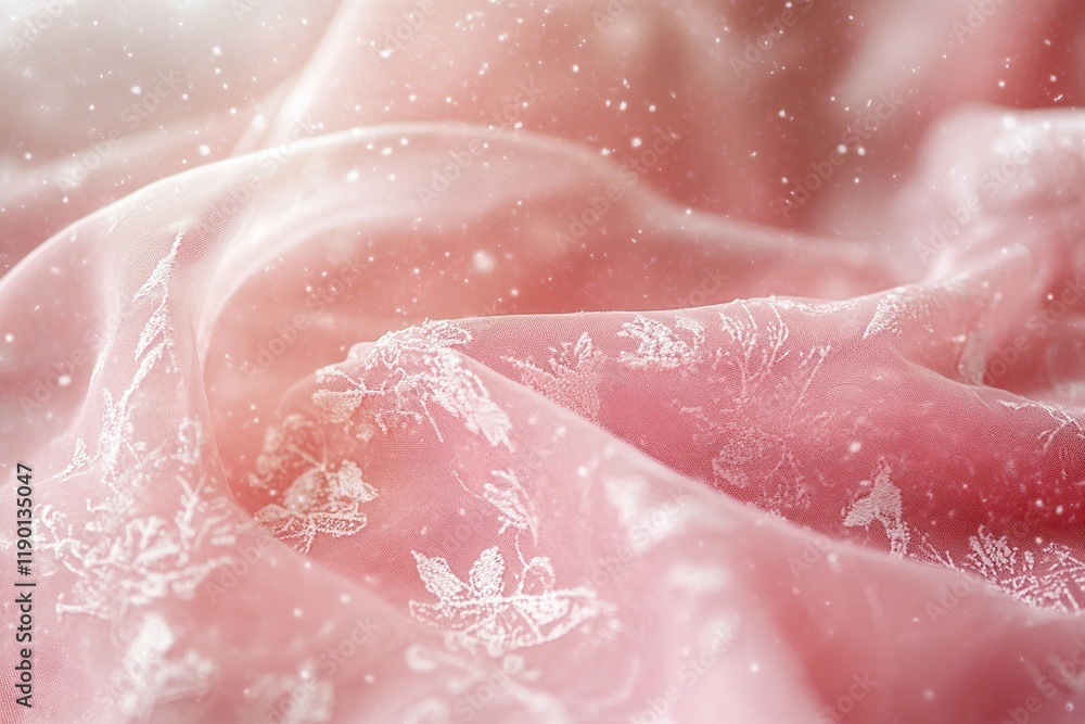 Fototapeta premium Pink Fabric with Delicate White Floral Pattern Draped Softly, Wintery Feel