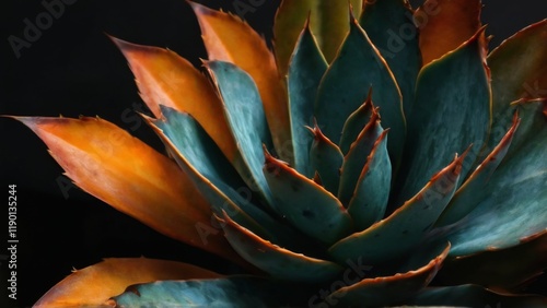 CloseUp of Vibrant BlueGreen Succulent Plant on Black Background  Dark and Mysterious Mood, FanLike Leaf Pattern. photo