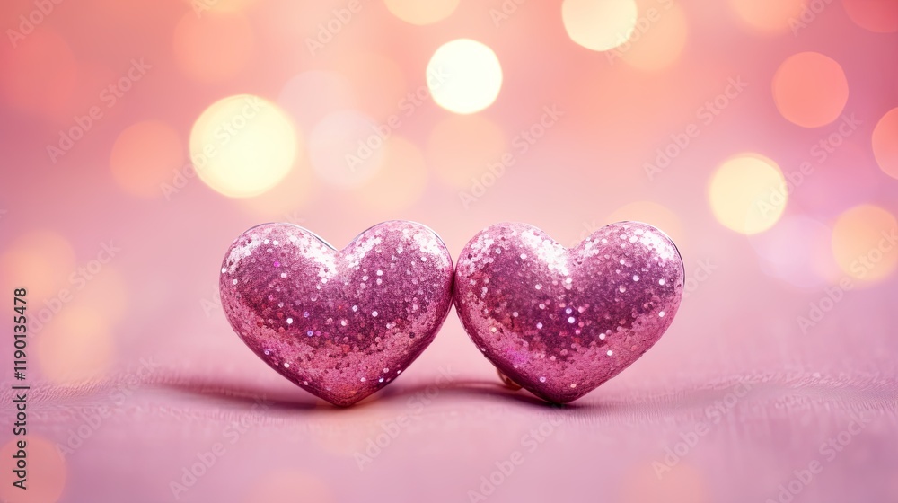 Fototapeta premium Valentines day festive background with two hearts In Shiny multicolor Background Valentine's Day glitter background