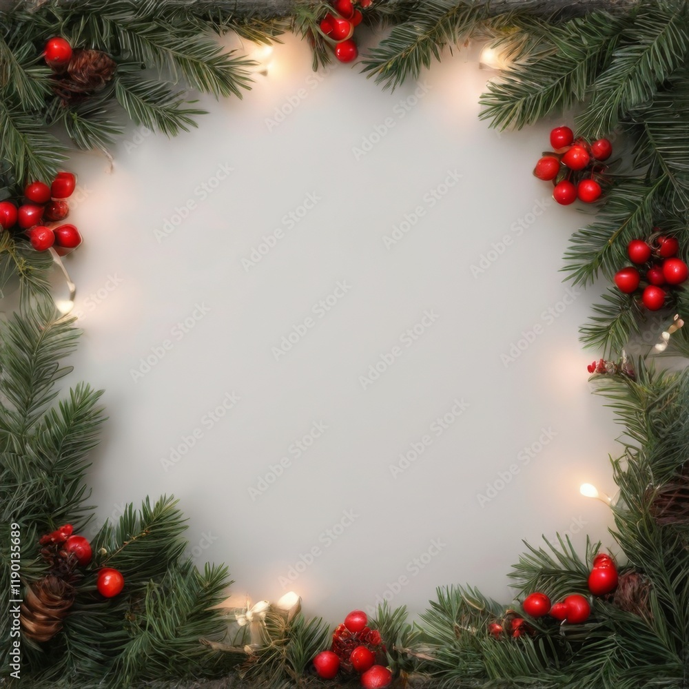 Festive Holiday Square Frame with Green Fir branches, Red Berries, and Pine Cones on Light Grey Background Festive Holiday Square Frame with Green Fir branches, Red Berries, and Pine Cones on Light Grey Background