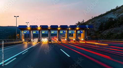 Cars passing through the toll gate on the motorway, vivid trabel