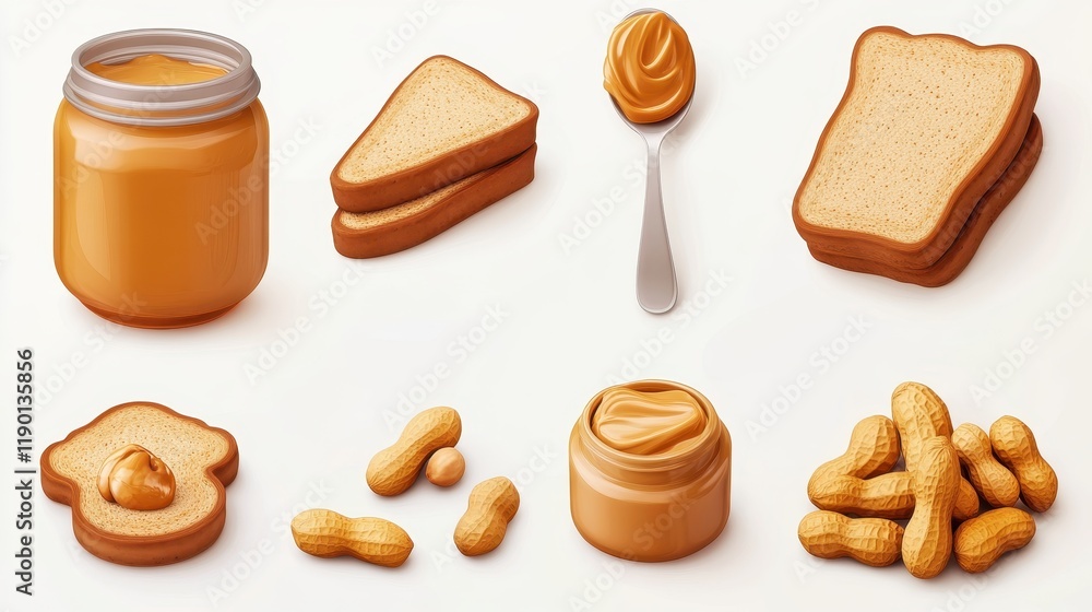 3d Peanut Butter in jam bottle,Peanut butter sandwiches or toasts on light table background,Breakfast,Vegetarian food,copy space. 3d Peanut Butter in jam bottle,Peanut butter sandwiches or toasts on light table background,Breakfast,Vegetarian food,copy space.