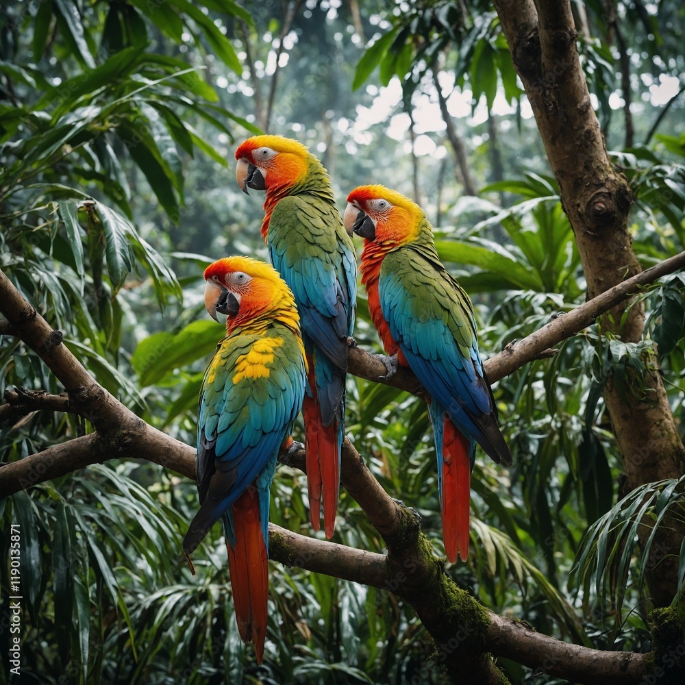 Obraz premium A group of colorful parrots perched on tree branches in the rainforest.