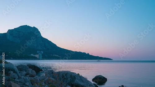 Bukhta Laspi, Sevastopol. One of the bays of the Black Sea on the southern coast of Crimea. Dawn over the sea, TimeLapse photo