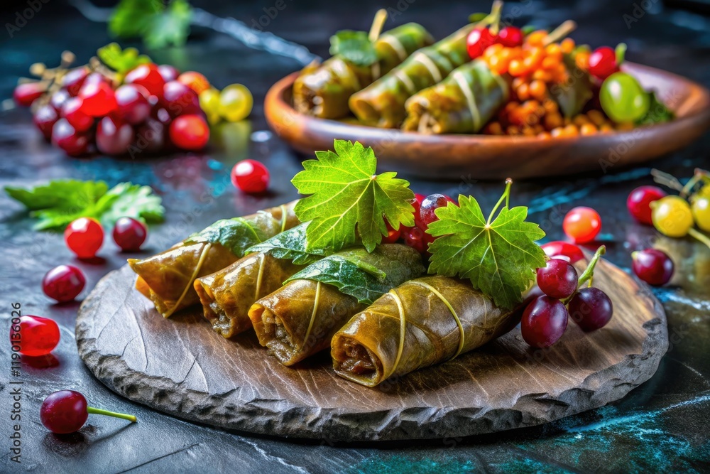 Sumptuous japraci unfolds: surreal grape leaves, marble backdrop, a feast for the eyes. Sumptuous japraci unfolds: surreal grape leaves, marble backdrop, a feast for the eyes.