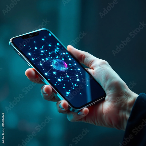 Wallpaper Mural Futuristic Smartphone in hand with 3D Holographic Digital Connectivity concept" Torontodigital.ca