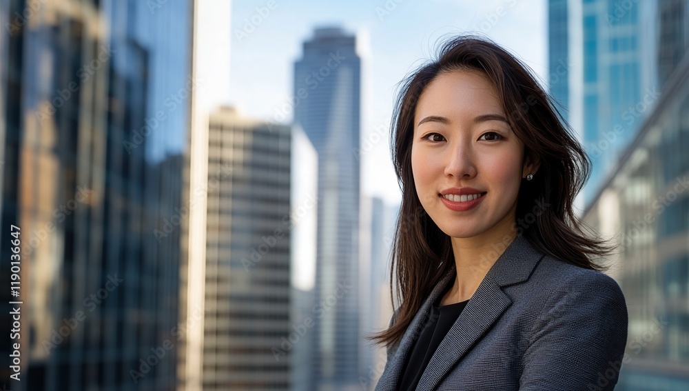 Confident Businesswoman Smiles, Cityscape Background, Modern Professional Success, Ambitious Career Goals Confident Businesswoman Smiles, Cityscape Background, Modern Professional Success, Ambitious Career Goals