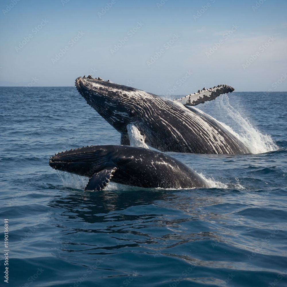 Fototapeta premium A mother humpback whale and her calf swim gracefully together in the ocean. The mother, significantly larger, guides her young offspring through the waters. 