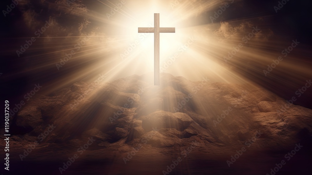 Silhouette Holy cross concept symbol on top mountain Resurrection background with sunlight Silhouette Holy cross concept symbol on top mountain Resurrection background with sunlight