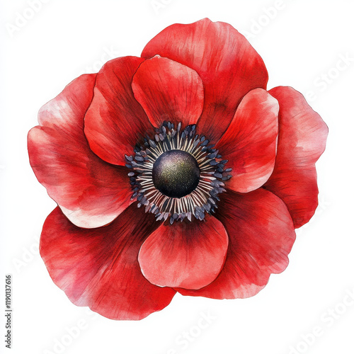 vibrant crimson red anemone flower with delicate petals and dark center, showcasing natural beauty and elegance