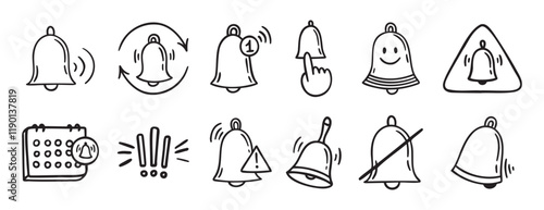 bell notification related doodle hand drawn icon set. Outline drawing bell line clipart symbol collection
