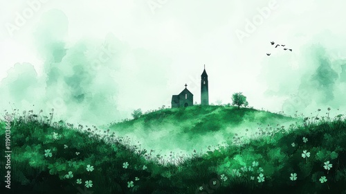 st patrick s day green watercolor landscape with bishop silhouette church and clover leaves vector illustration photo