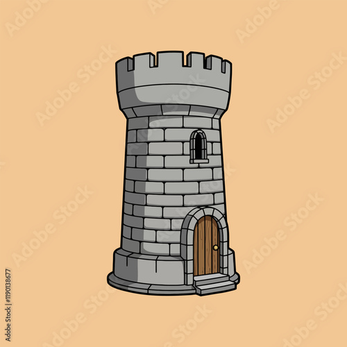 The image shows a cartoon illustration of a stone tower with crenellations, a wooden door, and a small window.