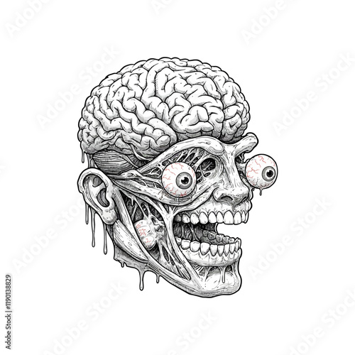 A detailed drawing depicts a grotesque skull with a melted appearance revealing the brain and bulging eyes.