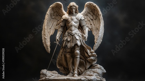 statue of archangel michael on a black background