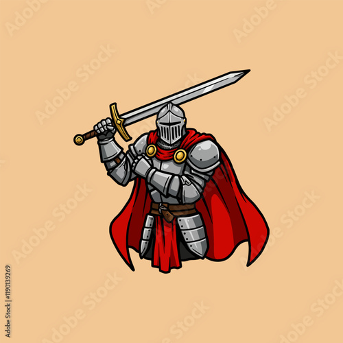 The illustration depicts a powerful knight in full metal armor, a red cape, wielding a long sword.