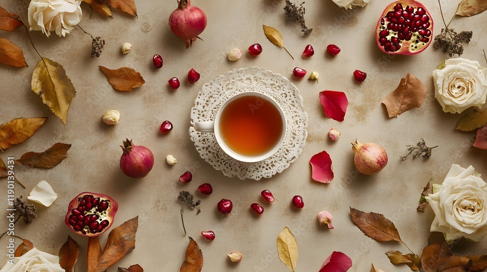 Autumnal Tea Setting With Pomegranates And Roses Autumnal Tea Setting With Pomegranates And Roses