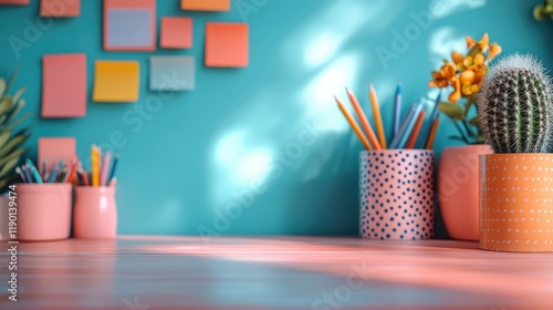 student creative desk mock up with colorful office supplies and cactus back to schoo photo