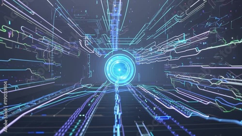 Futuristic Circuit Board Animation with Glowing Blue Core and Pulsating Electronic Pathways Representing AI Data Flow and Advanced Automation