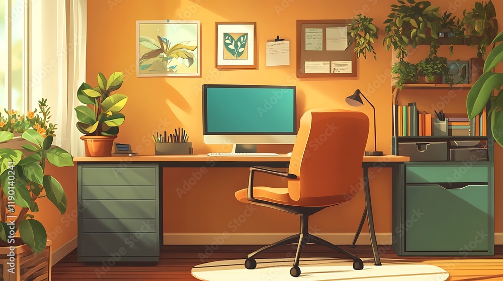 Sunlit Home Office Workspace with Plants and Computer Sunlit Home Office Workspace with Plants and Computer