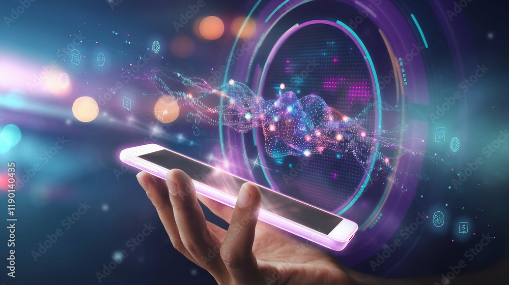 Futuristic Smartphone in hand with 3D Holographic Digital Connectivity concept Futuristic Smartphone in hand with 3D Holographic Digital Connectivity concept