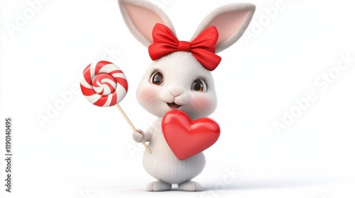 A cute cartoon rabbit wearing a festive bow and holding a lollipop shaped like a heart, smiling sweetly, on a clean white background